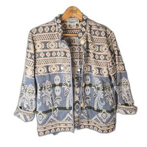 Flashback Tapestry Jacket Blue Tan Medium Boho Art To Wear Loop Buttons